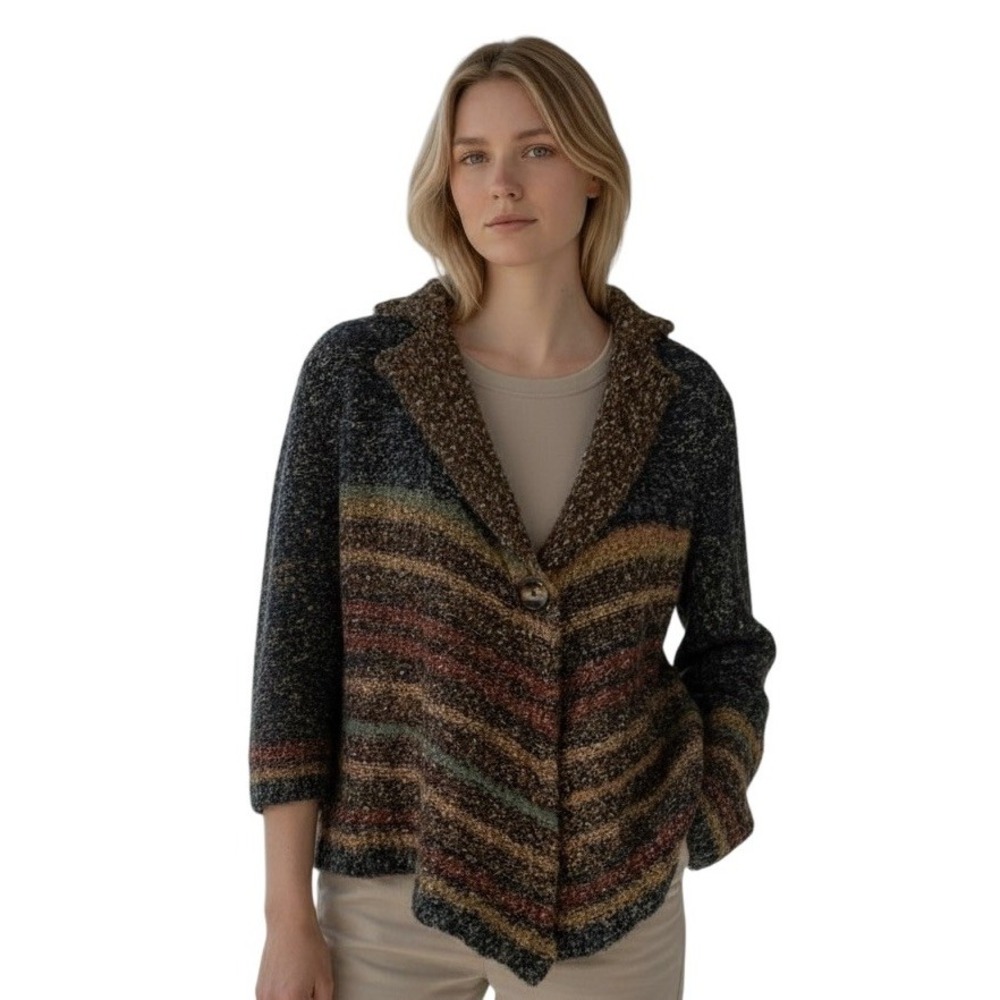 Curio New York Cardigan Sweater Women's Brown‎ Shades Knit Button Stripes Nature